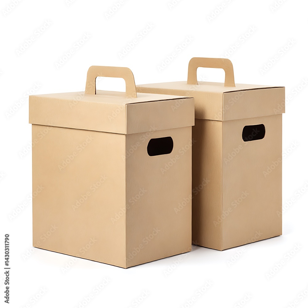Two closed cardboard boxes with handles isolated on white background Two closed cardboard boxes with handles isolated on white background