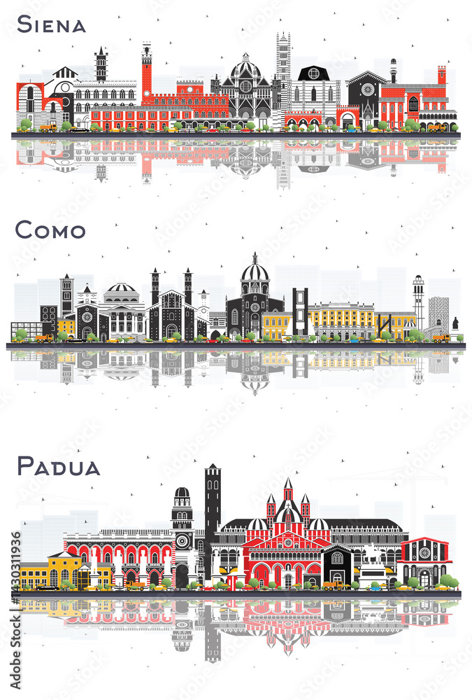 Fototapeta premium Padua, Como and Siena Tuscany Italy City Skyline set with Color Buildings and reflections Isolated on White. Cityscape with Landmarks.