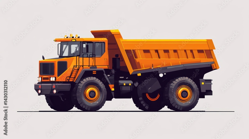 Orange dump truck, heavy machinery, side view, isolated on white background.
