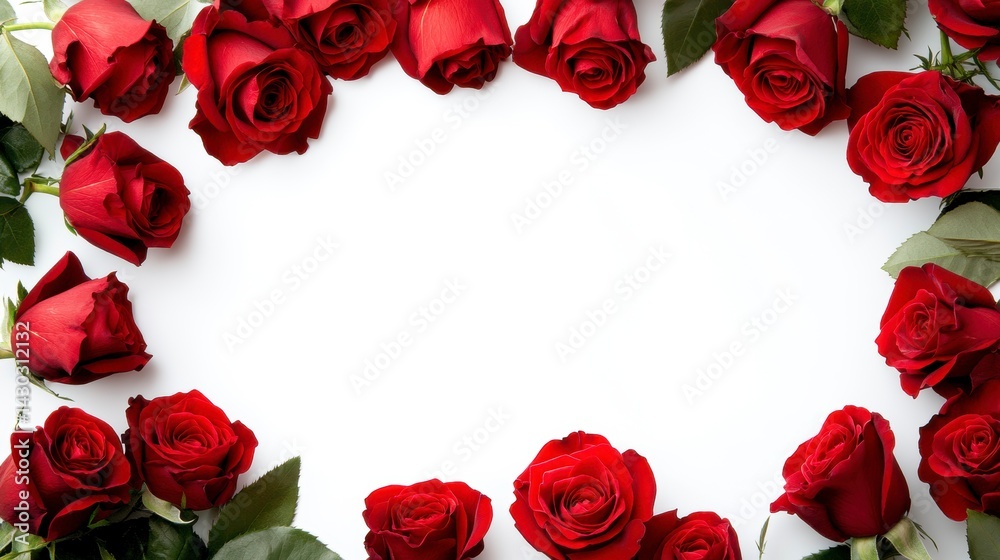Red roses arranged in a frame on white background.