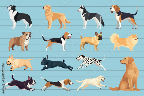 Various dog breeds illustration, element vector set