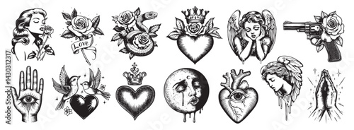 Vintage tattoo art collection, element vector set