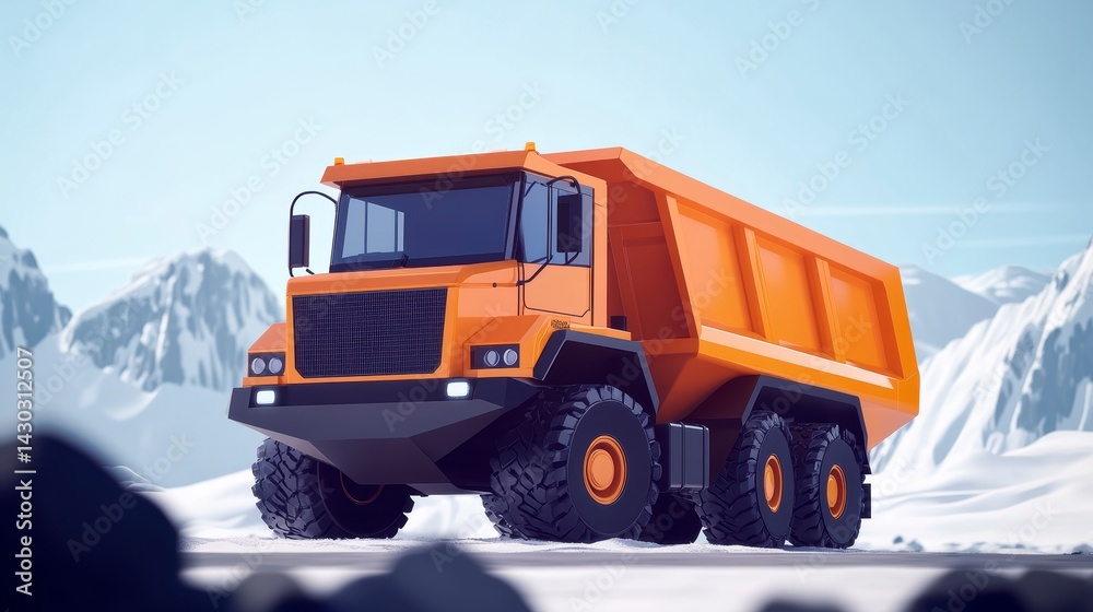 Orange dump truck on snowy mountain road.