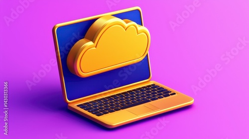 Golden Cloud on a Golden Laptop with Dark Blue Screen Against Purple Background