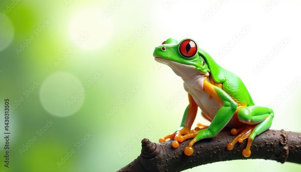 Naklejka premium Green tree frog perched on white, vibrant color , tropical, reptile, jump