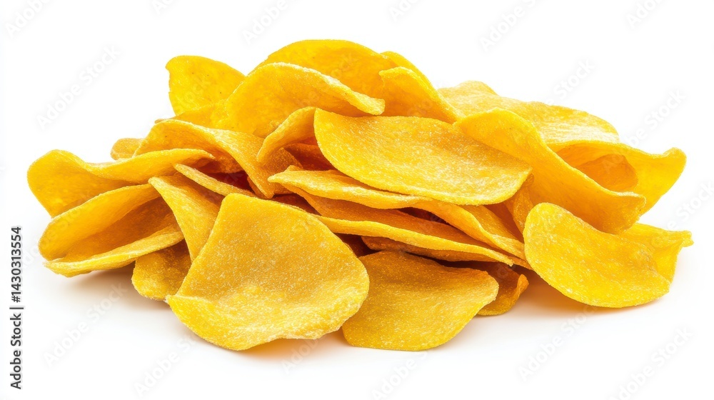 Pile of crispy, golden-yellow potato chips isolated on white background.