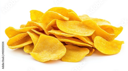 Obraz na płótnie Pile of crispy, golden-yellow potato chips isolated on white background. w salonie