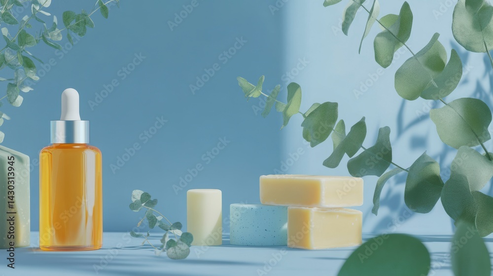 Amber serum bottle and artisan soaps with eucalyptus leaves on blue background.