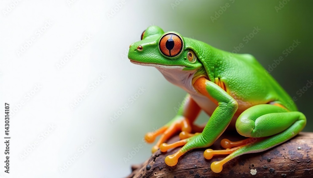 Green tree frog perched on white, vibrant skin details, slimy, zoology, animal photography Green tree frog perched on white, vibrant skin details, slimy, zoology, animal photography