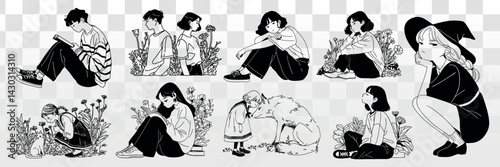Monochrome contemplative nature illustrations, element vector set