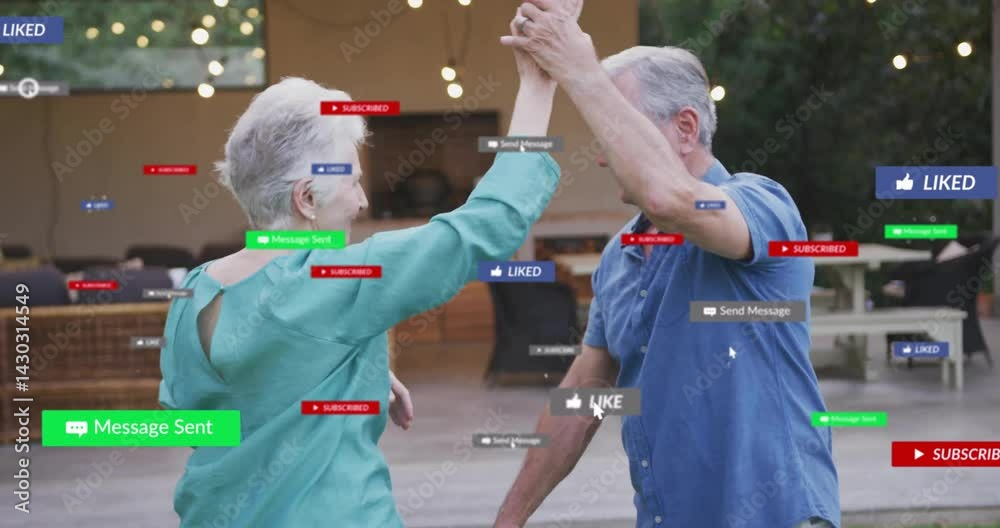 two seniors dancing and high-fiving on patio, featuring floating social media icons for marketing