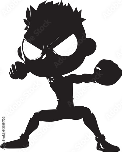 A stylized, cartoonish young boy, likely pre-teen, is depicted in a dynamic fighting stance