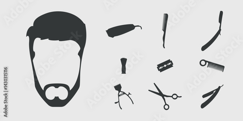 Barber shop icons for men's beard and hair care. Black silhouettes of icons