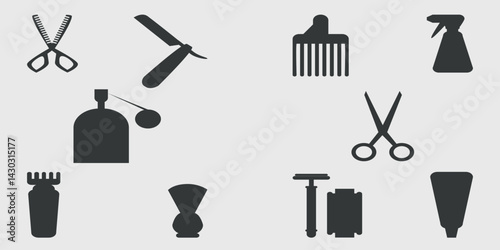 Barber shop icons for men's beard and hair care. Black silhouettes of icons