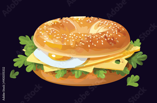 Sandwich Bagel Bread with Egg and Cheese - Vector Illustration