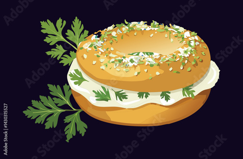 Bagel Bread with Cream Cheese and Parsley Topping - Vector Illustration