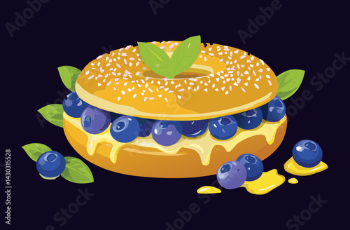 Blueberry Bagel with Honey Butter - Vector Illustration