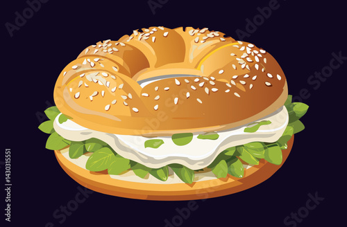 Bagel Bun with Cream Cheese- Vector Illustration