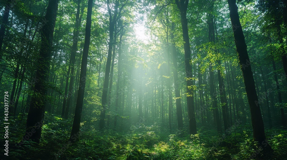 Naklejka premium Serene forest scene with sunlight filtering through lush green trees.