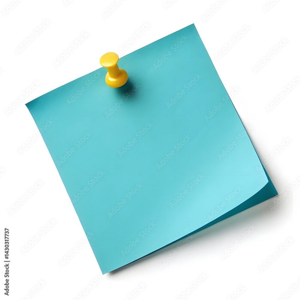 A single cyan sticky note (Post-it) pinned with a yellow pushpin, isolated on a white background. The note is slightly rotated, and the pin is placed near the top center of the note A single cyan sticky note (Post-it) pinned with a yellow pushpin, isolated on a white background. The note is slightly rotated, and the pin is placed near the top center of the note