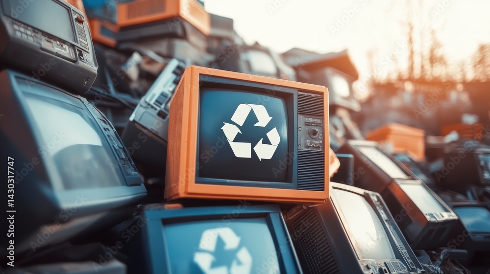 A pile of discarded vintage televisions with a recycling symbol on one.