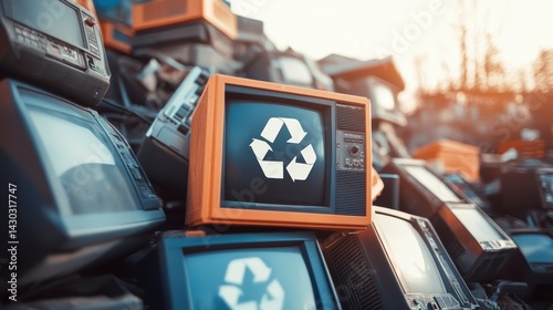 Obraz na płótnie A pile of discarded vintage televisions with a recycling symbol on one. w salonie