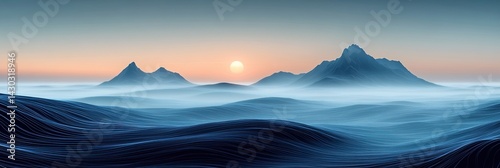 Digital Art Abstract Landscape with Blue and Gray Mountains and Fog, Foreground of Wavy Lines Resembling Water Ripples, Silhouette of Two Distant Peaks Illuminated by Setting Sun, Soft Glow Behind 