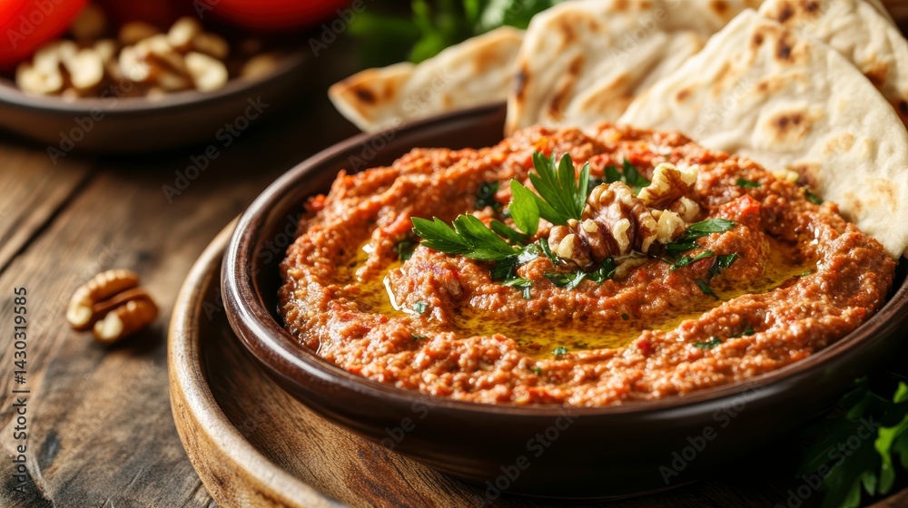 Bowl of muhammara dip with walnuts, parsley, and pita bread on rustic wooden table.