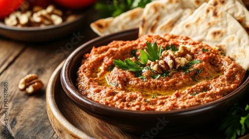 Obraz na płótnie Bowl of muhammara dip with walnuts, parsley, and pita bread on rustic wooden table. w salonie