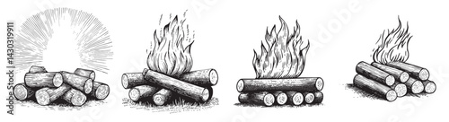 Vintage Style Campfire Illustrations with Flames and Logs, logo design, engraving design, vector illustration