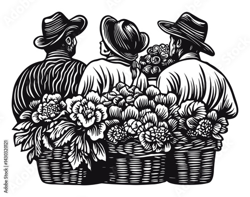 Wallpaper Mural Engraving of Three People with Flower Baskets and Detailed Illustration Torontodigital.ca