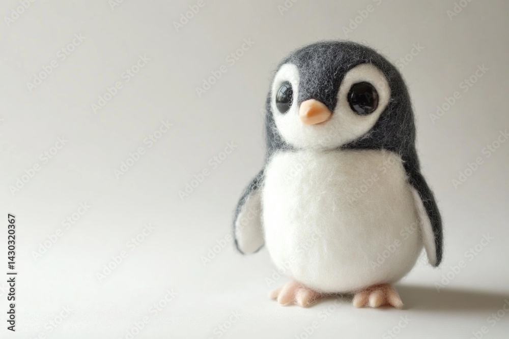 Fototapeta premium Cute Baby Penguin Stands Upright on Soft White Background With Big Eyes and a Fluffy Texture Showcasing Its Adorable Features and Charm Generative AI