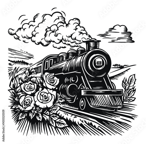 Vintage Engraving of Steam Train with Roses and Scenic Background