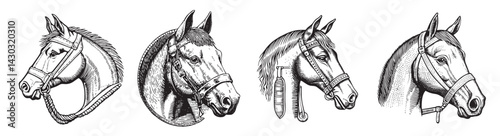 Vintage Illustrations of Detailed Horse Heads in Various Styles, logo design, engraving design, vector illustration