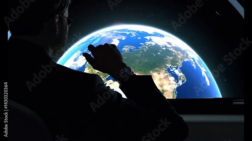 Man observing Earth from space through a spacecraft window, symbolizing futuristic travel, exploration, innovation, and a visionary perspective on humanity and the universe.