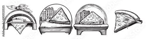 Hand-Drawn Pizza Slice Illustrations with Building Backgrounds, logo design, engraving design, vector illustration