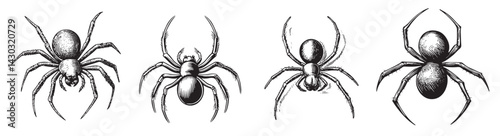 Vintage Illustrated Spiders in Various Positions and Styles, vintage retro hipster logo design, vector illustration, engraving design