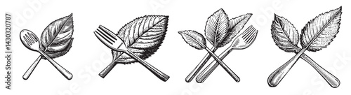 Elegant Cutlery and Leaf Illustrations for Culinary Art Designs, vintage retro hipster logo design, vector illustration, engraving design