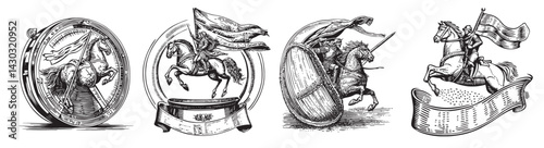 Vintage Engravings of Knights, Horses, and Shields in Battle Scenes, vintage retro hipster logo design, vector illustration, engraving design