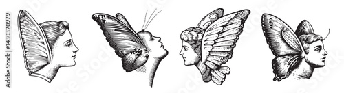 Vintage Illustrations of Human Faces with Intricate Butterfly Wings, vintage retro hipster logo design, vector illustration, engraving design