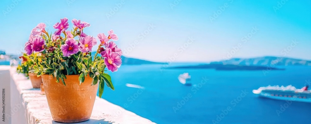 Fototapeta premium Beautiful Flower Pots with Pink Petunias Overlooking Serene Blue Sea and Coastal View in Santorini, Greece on a Bright Sunny Day
