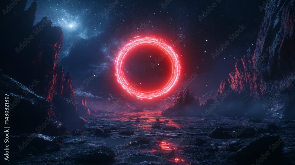 Glowing red ring portal in a dark, rocky alien landscape under a starry night sky.