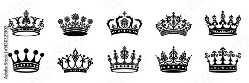 Elegant royal crown silhouettes collection isolated illustration, vector set