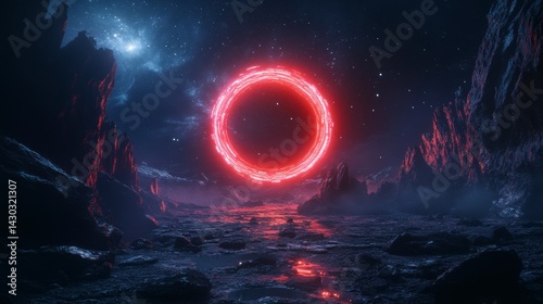 Obraz na płótnie Glowing red ring portal in a dark, rocky alien landscape under a starry night sky. w salonie