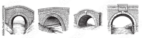 Detailed Illustrations of Vintage Arch Bridges in Different Styles, vintage retro hipster logo design, vector illustration, engraving design