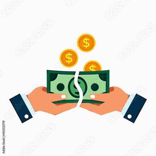 hands holding money with dollar signs falling from sky