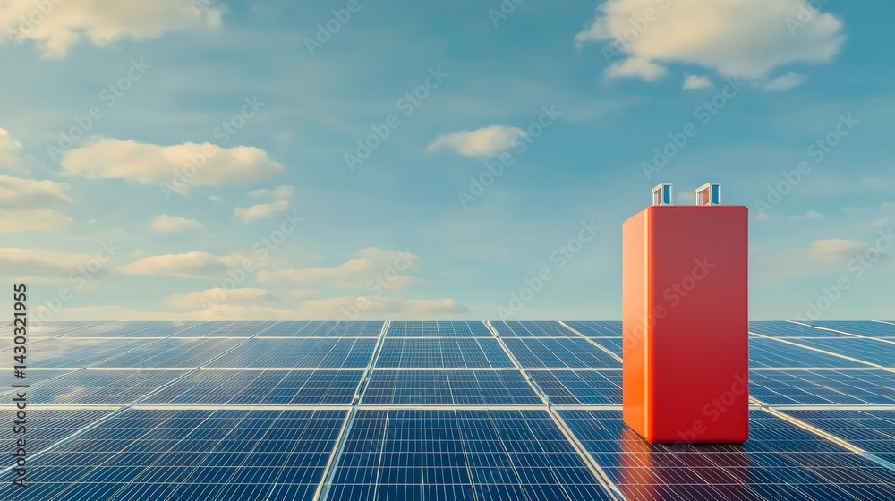 Peak Energy Solutions with Advanced Battery Storage Technology, A vibrant battery stands on solar panels under a bright blue sky, symbolizing renewable energy.