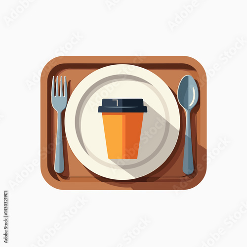 coffee cup on tray with silverware  food service illustration