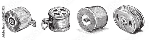 Vintage Illustration of Classic Film Canisters and Reels, vintage retro hipster logo design, vector illustration, engraving design