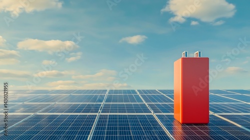 Obraz na płótnie Peak Energy Solutions with Advanced Battery Storage Technology, A vibrant battery stands on solar panels under a bright blue sky, symbolizing renewable energy. w salonie